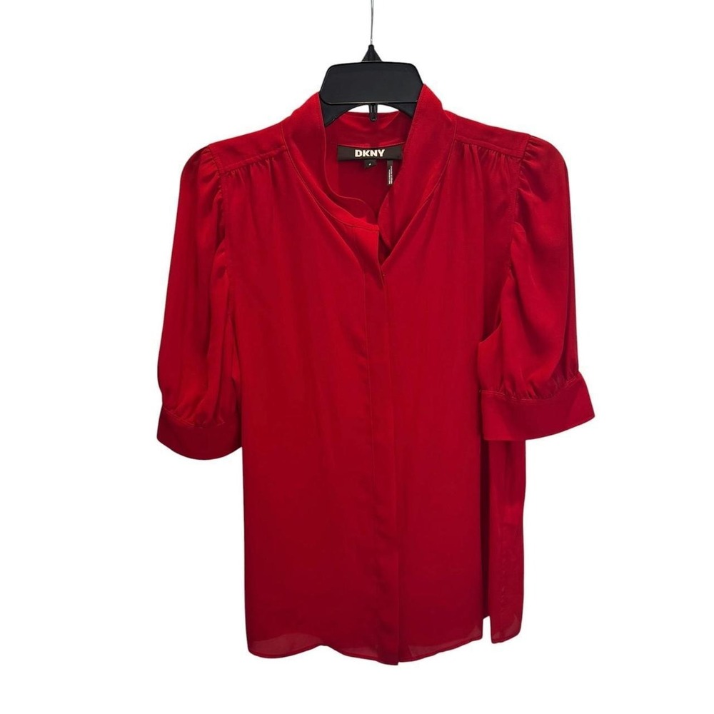 DKNY Womens Red Short Puff Sleeve High Neck Button Down Blouse Size M